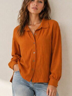 ZARA Button Up Blouse Orange Rust Crinkle Drapy Minimalist Size S